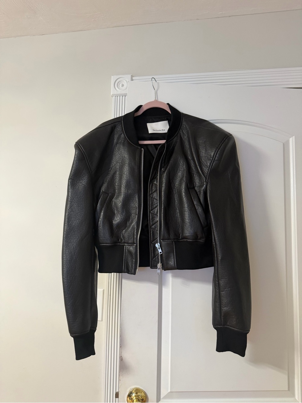 The Frankie Shop Black Cropped Leather Bomber Jacket